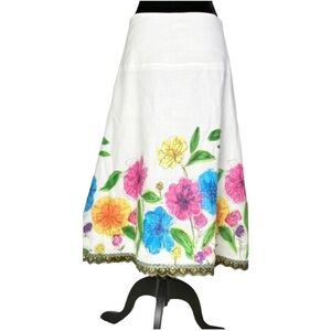 Carole Little floral abstract watercolor linen skirt size 6 modest art to wear